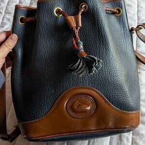 Vintage Dooney & Bourke AWL Navy Tan Drawstring Bucket Bag Made in USA